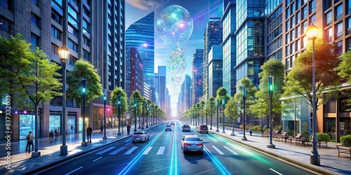 Futuristic smart city street with holographic displays showcasing advanced infrastructure photo