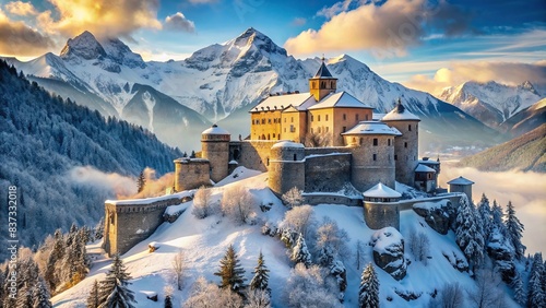 Snowy fortress nestled amongst mountains photo