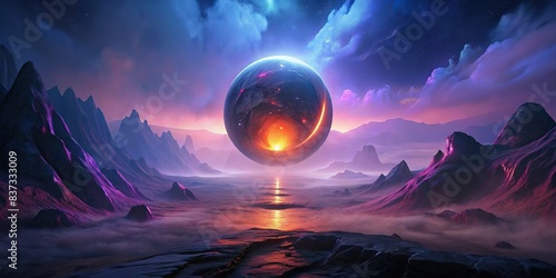 Abstract image of a glowing orb hovering in a surreal landscape, representing metaphysical inquiry and ontological exploration photo