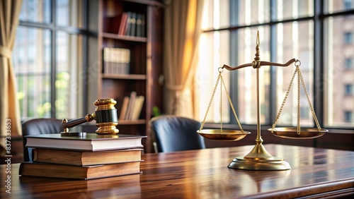 Legal profession background with scales of justice on desk photo
