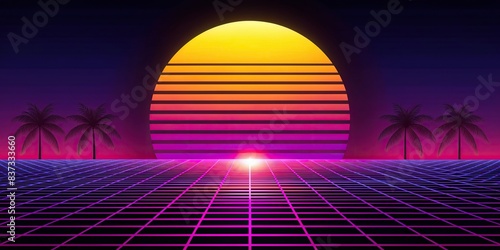 Sunset with striped bottom in 80s synthwave style photo