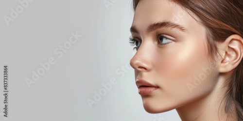 young girl with clear skin in profile on a Light background close-up Generative AI