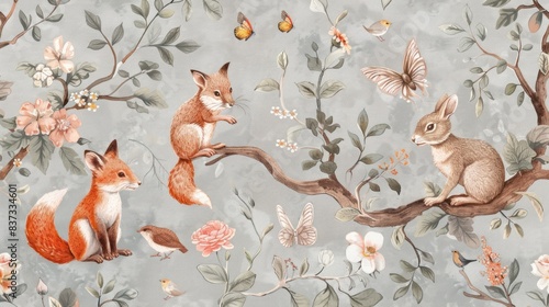 delicate and whimsical forest scene with animals wallpaper © Helen