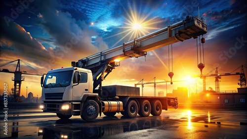 Night time silhouette of crane truck with bright flare light in industrial setting photo