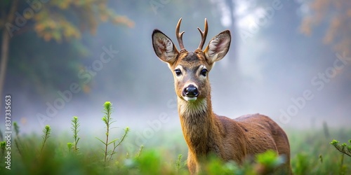 Curious roe deer roebuck with ears up exploring misty woodlands photo
