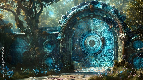 Ornate crystal gate with magical patterns, leading to another dimension