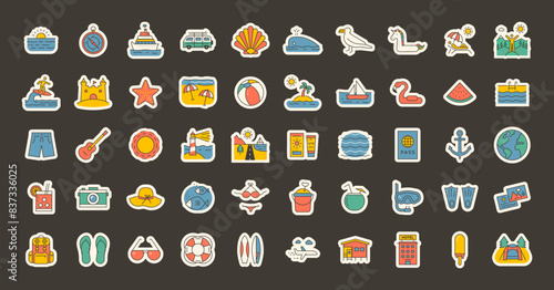 Retro summer beach vacation holidays sticker doodle icon vector graphic elements.