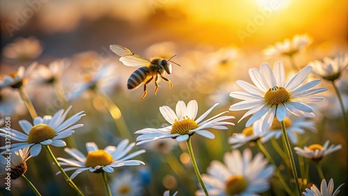 Peaceful image of a bee in sunset light hovering over white daisies, with a blurred background creating a soft and dreamy atmosphere