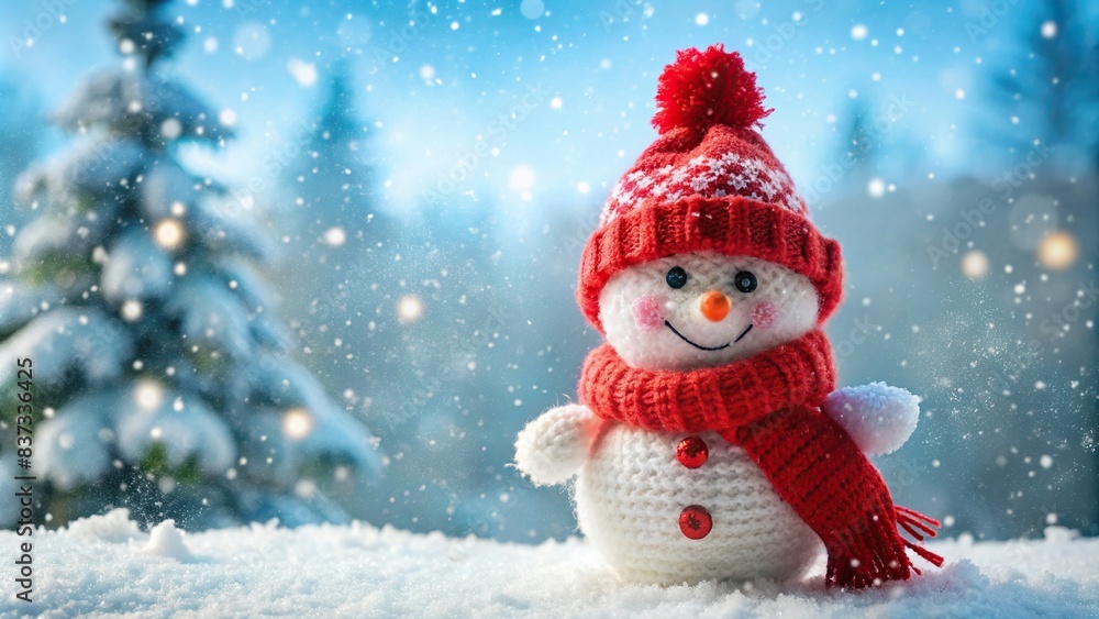 Cute snowman wearing a red hat and knitted scarf, set against a snowy winter background
