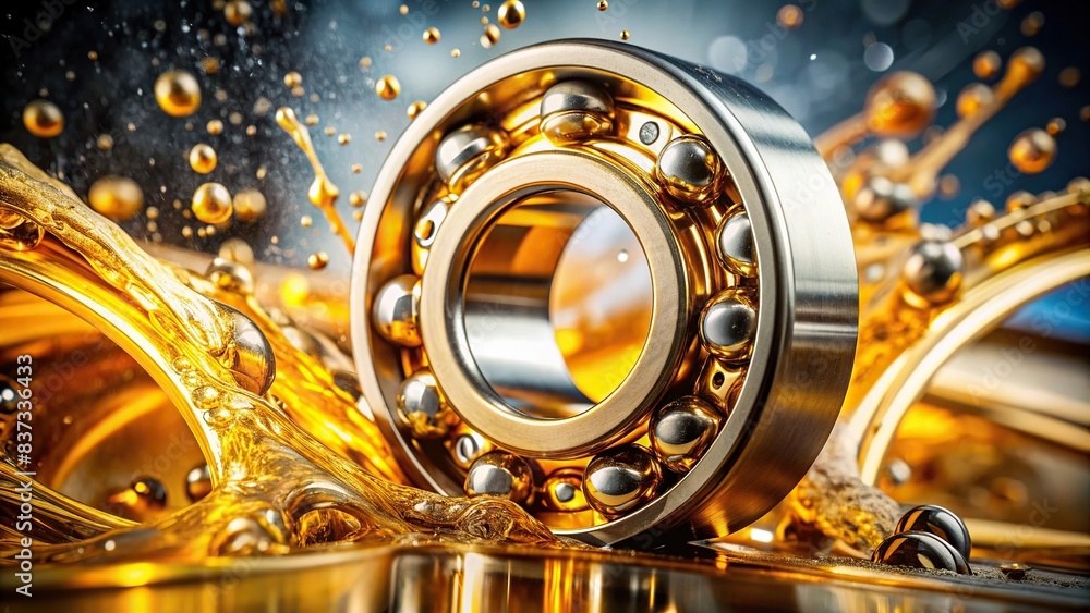 Close-up image of a metal bearing with oil splashes for machinery lubrication