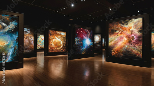 An art museum gallery featuring multiple abstract paintings with sweeping panoramic views of celestial bodies  each framed in black.