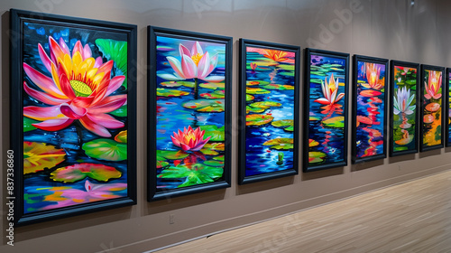 Wallpaper Mural An art museum gallery wall adorned with a series of black-framed abstract paintings of serene lotus ponds in vibrant, flowing colors. Torontodigital.ca