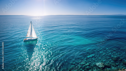 Sailboat on sparkling sea, turquoise clear blue sea © OpticalDesign
