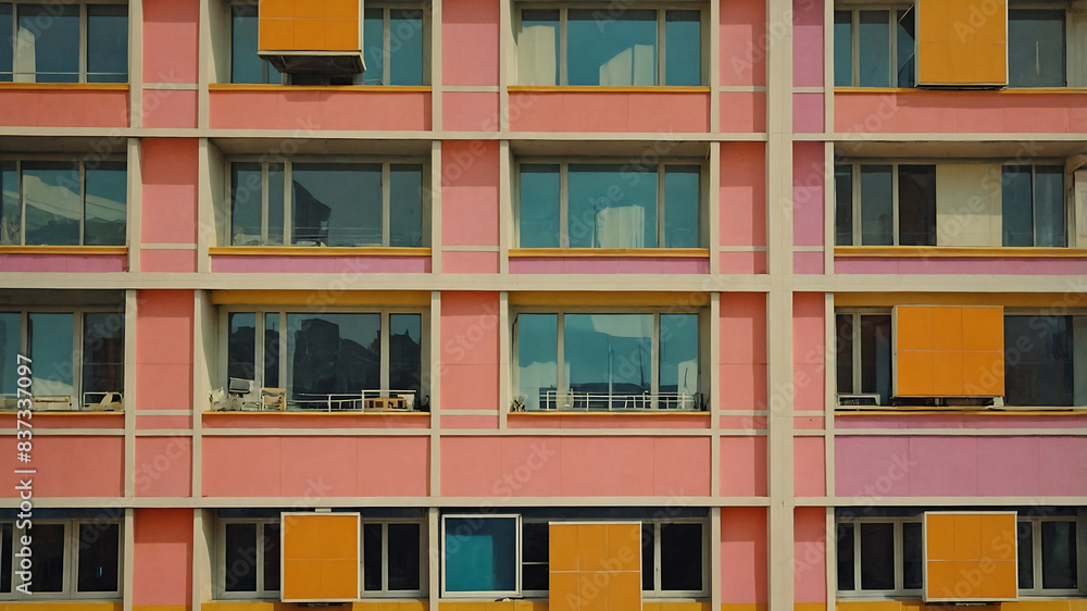 Pink and yellow building with many windows.