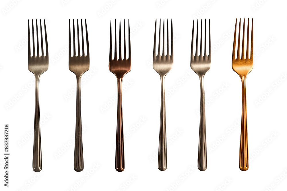 Six silver forks in a row, with subtle variations in color and texture. Six silver forks in a row, with subtle variations in color and texture.