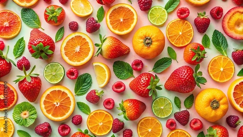 Colorful fruit pattern featuring oranges  strawberries  and raspberries