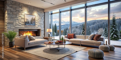 Cozy modern living room with fireplace overlooking winter landscape