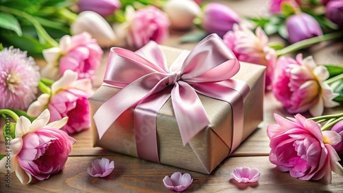 Elegant Mother's Day gift wrapped in satin ribbon surrounded by flowers © Sangpan
