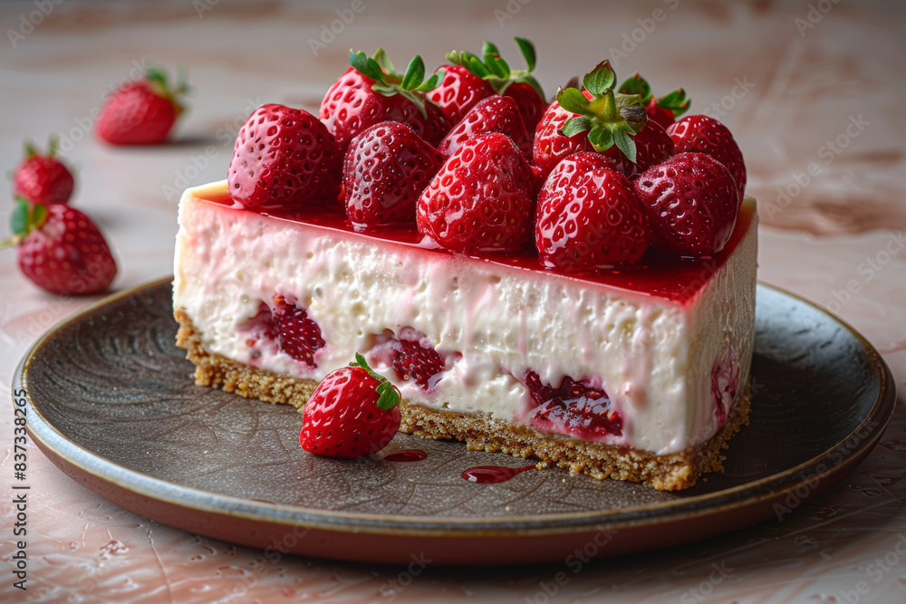 A creamy slice of cheesecake topped with fresh strawberries. Concept of dessert indulgence and sweet treats. Generative Ai. A creamy slice of cheesecake topped with fresh strawberries. Concept of dessert indulgence and sweet treats. Generative Ai.