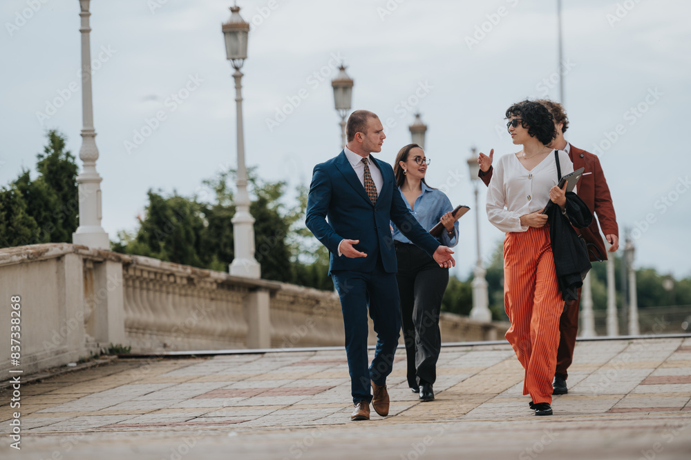 Group of business professionals in formal attire walking outdoors, engaging in a lively discussion about work. Group of business professionals in formal attire walking outdoors, engaging in a lively discussion about work.