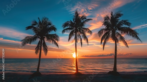 Silhouettes of palm trees and amazing cloudy sky on sunset at tropical beach with pink sky background for travel and vacation. AI generated illustration © 3D