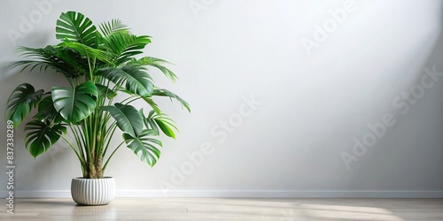 Tropical plant with lush leaves on floor near white wall. Space for text photo