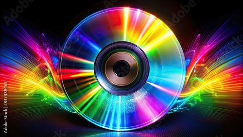 Abstract DVD with multicolored graphics on black background  featuring spectral style elements and music sound effects