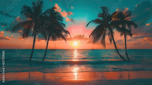 Silhouettes of palm trees and amazing cloudy sky on sunset at tropical beach with pink sky background for travel and vacation. AI generated illustration © 3D