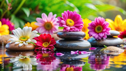 Zen spa stones surrounded by colorful flowers