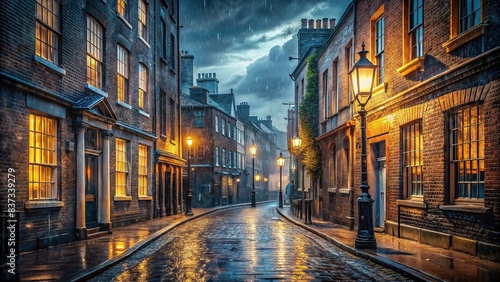 Ancient city street at night in the rain  showcasing a 19th-century London cityscape