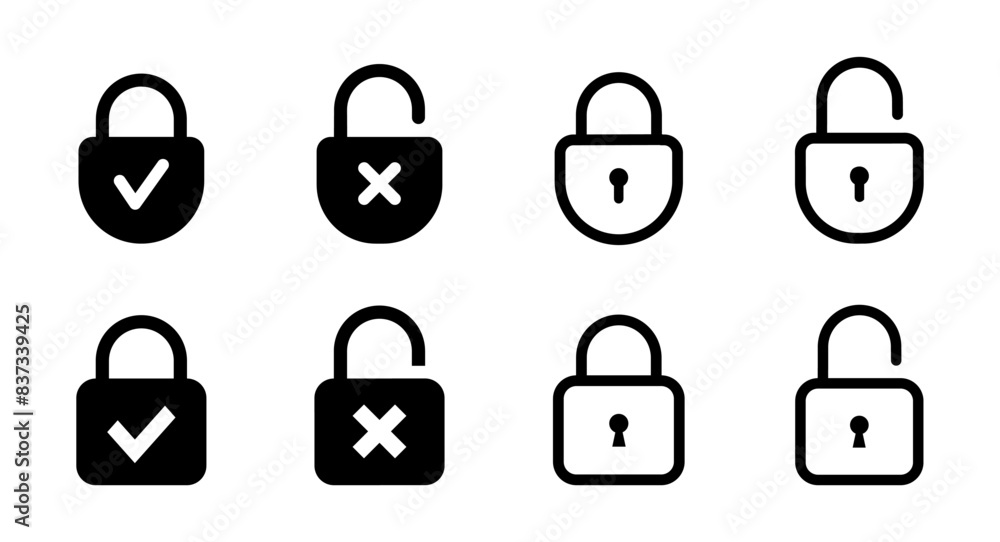 Lock icon set. Padlock open and closed. Locked and unlocked icon. Security symbol. Vector illustration. Lock icon set. Padlock open and closed. Locked and unlocked icon. Security symbol. Vector illustration.