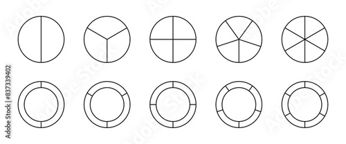 Pie chart infographic set. Circle diagram collection with sections or parts. Segmented circle icons for infographic, data analysis, web design, ui or presentation. Vector illustration.