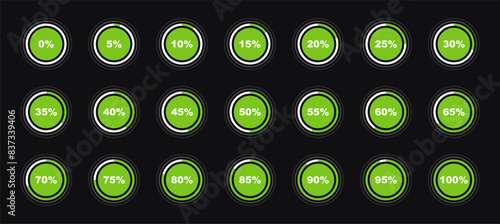 Circle percentage diagrams set. Loading indicator. Download process. Percentage pie chart for infographics, ui, web design and business presentation. Vector illustration. photo