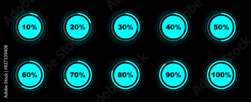 Circle percentage diagrams set. Loading indicator. Download process. Percentage pie chart for infographics, ui, web design and business presentation. Vector illustration.