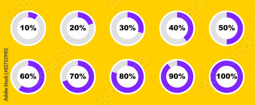 Circle percentage diagrams set. Loading indicator. Download process. Percentage pie chart for infographics, ui, web design and business presentation. Vector illustration.