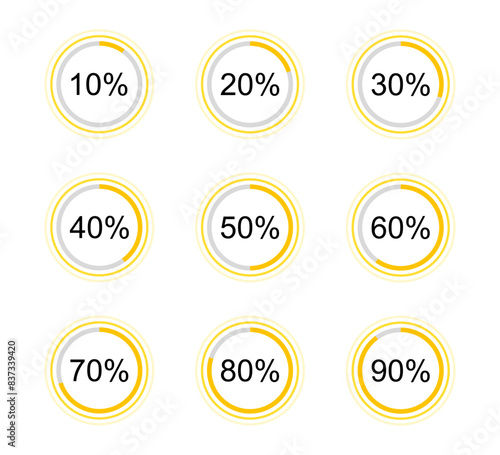 Circle percentage diagrams set. Loading indicator. Download process. Percentage pie chart for infographics, ui, web design and business presentation. Vector illustration.