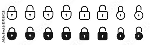 Lock icon set. Padlock open and closed. Locked and unlocked icon. Security symbol. Vector illustration.