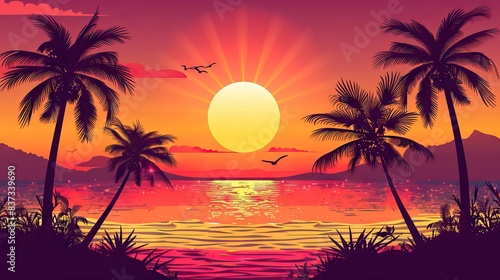 Silhouettes of palm trees and amazing cloudy sky on sunset at tropical beach with pink sky background for travel and vacation. AI generated illustration