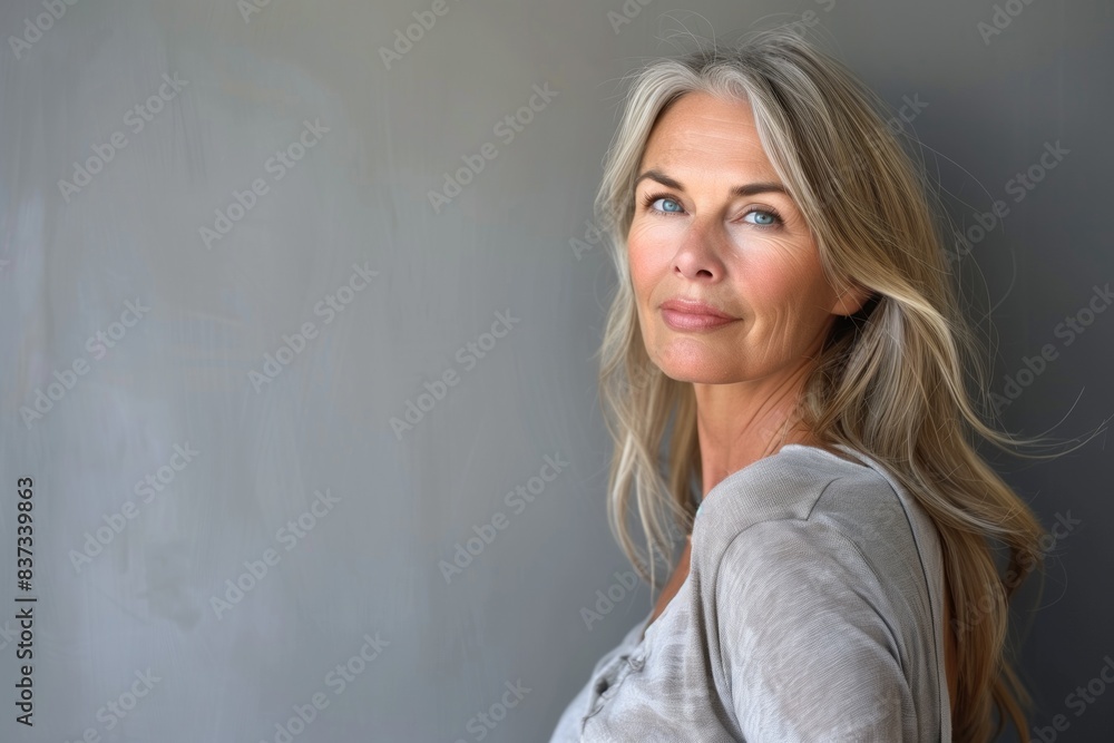 © Adriana - Beautiful gorgeous 50s mid aged mature woman looking at camera isolated on white. Mature old lady close up portrait. Healthy face skin care beauty, middle age skincare cosmetics