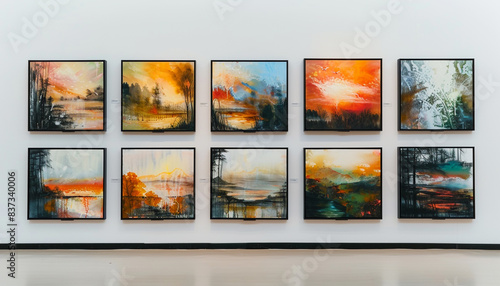 Wallpaper Mural In an art museum gallery, a white wall displays a series of paintings, each depicting an abstract interpretation of different natural landscapes during golden hour, framed in black. Torontodigital.ca