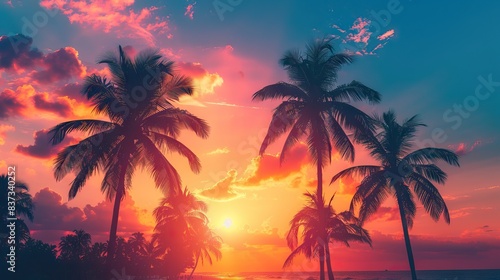 Silhouettes of palm trees and amazing cloudy sky on sunset at tropical beach with pink sky background for travel and vacation. AI generated illustration