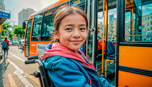 Confident little girl in a wheelchair gets on a city bus, barrier-free environment