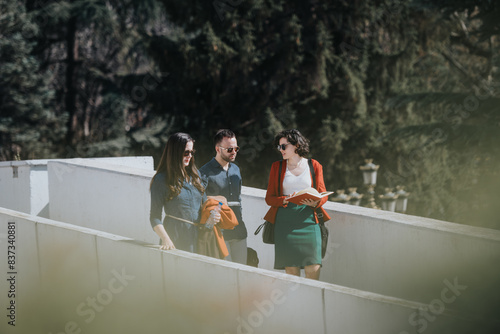 Three business professionals engaged in a discussion while walking outdoors, with a document in hand and casual expressions.
