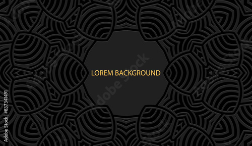 Embossed black lorem background, tribal cover design. Geometric decorative 3D pattern, boho motifs, business card. Ethnic ornaments, handmade. Traditions of the East, Asia, India, Mexico, Aztec, Peru. photo