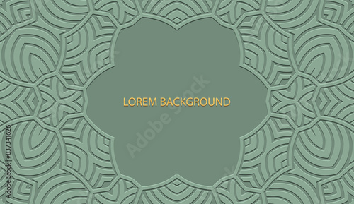 Embossed green lorem background, tribal cover design. Geometric original 3D pattern, boho motifs, business card. Ethnic ornaments, handmade. Traditions of the East, Asia, India, Mexico, Aztec, Peru.