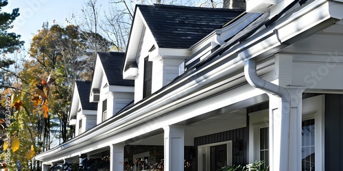 Upscale American Neighborhood with Efficient Colonial-Style White Gutter Guard System for Residences. Concept American Colonial Architecture, Gutter Guard Systems, Upscale Neighborhoods photo