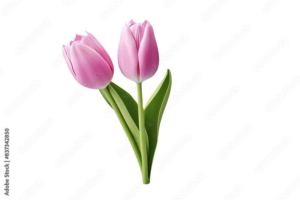 Two delicate pink tulips with green stems and leaves. Isolated on a black background. Perfect for spring and floral designs. Two delicate pink tulips with green stems and leaves. Isolated on a black background. Perfect for spring and floral designs.