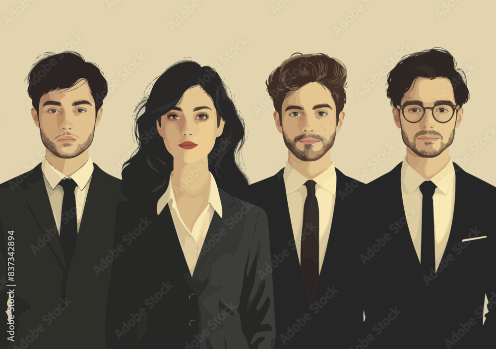 Professional Team of Four Businesspeople in Formal Attire, Minimalistic Vector Illustration - Collaborative Business Teamwork, Office Setting, Daytime, Determined Mood, Team Building Concept Professional Team of Four Businesspeople in Formal Attire, Minimalistic Vector Illustration - Collaborative Business Teamwork, Office Setting, Daytime, Determined Mood, Team Building Concept