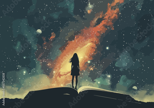 Woman Exploring Space with Monoculars Standing on Giant Book - Surreal Business Illustration - Minimalistic Vector Artwork Depicting Knowledge, Curiosity, and Discovery in a Cosmic Setting