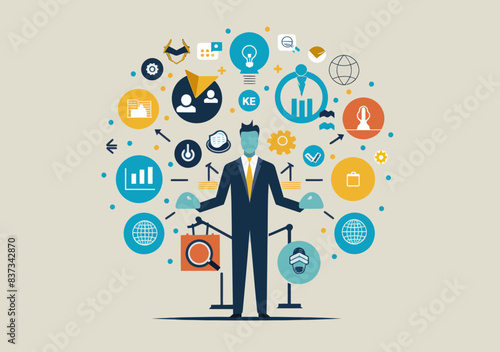 Businessman Juggling Icons Representing Risk Control, Business Perfection, and Management, Vector Illustration for Business Strategy and Analysis Concepts